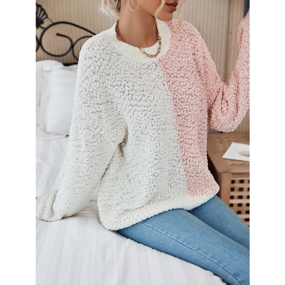 Pink & White Popcorn Knit Sweater Large NWOT - Picture 4 of 6